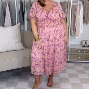 🌸 LAUREN CONRAD Conrad Pink Floral Smocked tea lenght Midi Dress (XXL)